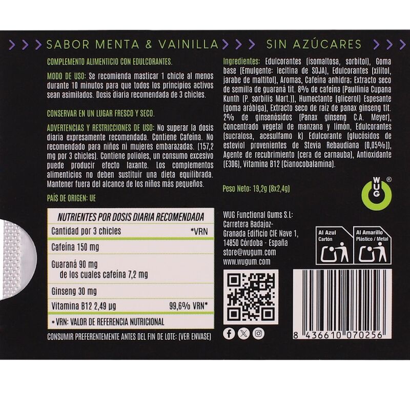 WUG on – El chicle funcional con cafeína y guaraná sabor menta & vainilla BLISTER 8 UDS - Image 3